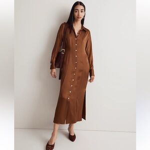 Madewell Satin Midi Brown Button-Down Dress
